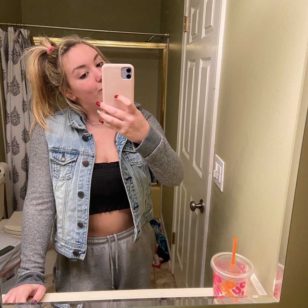 denim jacket with sweatshirt sleeves/hood